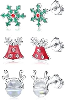 CASSIECA 4 Pairs 925 Sterling Silver Christmas Earrings Christmas Gifts for Women Girls Kids Children Xmas Earrings Snowflake Elk Snowman Candy Christmas Tree Earrings Christmas Stud Earrings