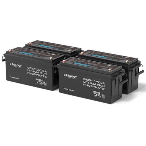 Image of Renogy 12V Lithium Battery 200Ah LiFePO4 Battery, Bluetooth Deep Cycles Rechargeable Batteries 200A BMS, 400A Peak Power Surge Solar System, RV, Marine, Solar, Trolling Motor, Home Backup Power 4 Pack