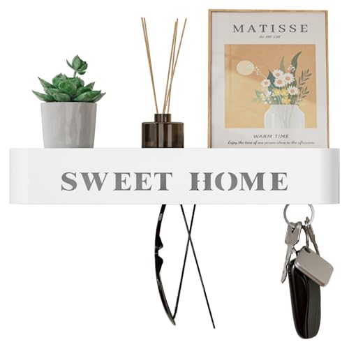 LOFTPLUS Schlüsselbrett mit Ablage Schlüsselboard Wand - Moderner Minimalistisches Schlüsselhalter, Metall Schlüsselablage mit 5 Verdeckten Wandhaken für Eingang, Flur, Küche, Wohnzimmer - Weiß