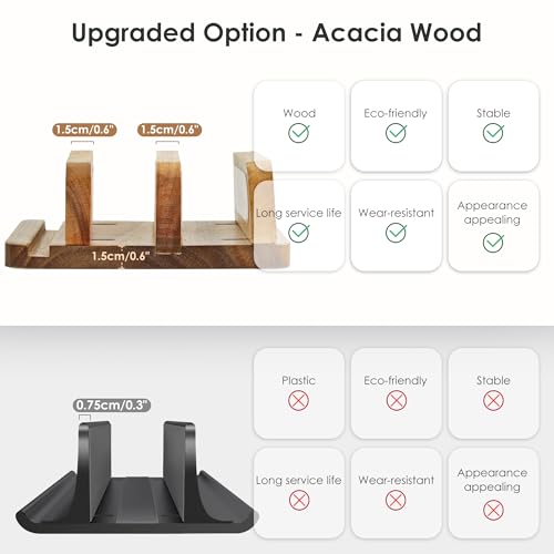 ROCDEER Acacia Wood Vertical Laptop Stand - Adjustable Dual Slots (0.76\" to 1.6\") - Heavy Duty Desk Organizer for Laptops, Tablets, and Phones - Quick Assembly with Non-Slip Silicone Mats