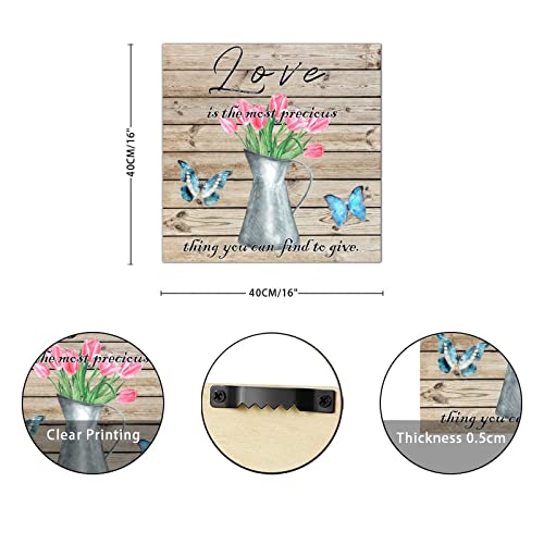 Plaque murale en bois tableau papillon tulipe bouilloire 40x40 cm