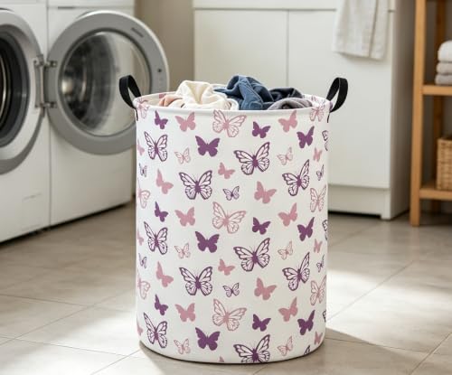 Image of ESSME Butterfly Laundry Basket,Hamper Collapsible Canvas Waterproof Storage Bin,Gift Baskets,(Purple Butterfly)