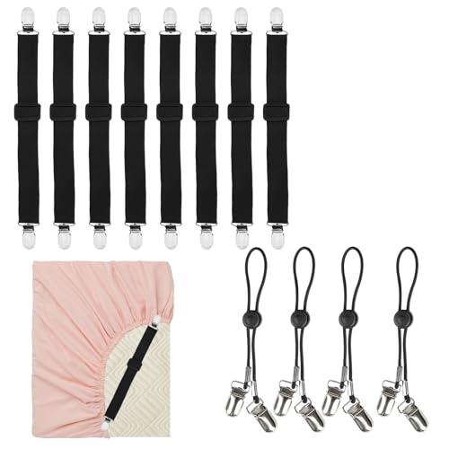 ZEMINRI 12 Pièces Attache Drap Housse, Tendeur Elastique Réglable, Maintien Coin Solide, Pince Anti-Glisse, Bloque Matelas Universel, Sangle Renforcée, Fixe...
