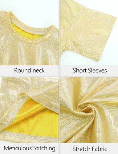 Image of Happy Cherry 2Pcs Kids Girls Shiny Metallic Short Sleeve Crop Top with Pleated Skirt Set Dancewear Performance Costumes