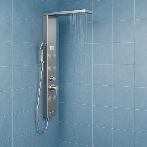 Colonna Pannello Doccia 4 Funzioni York-1 Display Controllo Temperatura Acciaio Cromo Spazzolato Satinato Cascata Getto 6 Idrogetti Lombari