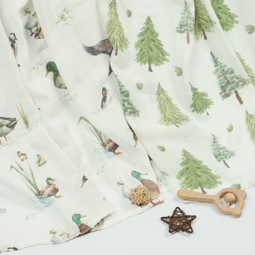 Image of Muslin Swaddle Blankets Neutral - Soft 47x47 Inch Baby Swaddle Wrap & Nursery Receiving Blanket, Mallard Duck /Woodland - Breathable 70% Bamboo Viscose & 30% Cotton