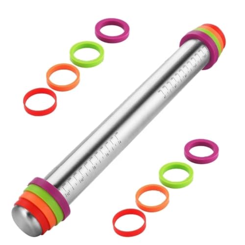 AMUZHI Adjustable Stainless Steel Rolling Pin with Silicone Thickness Rings