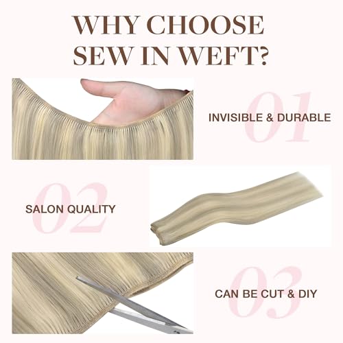 Image of GOO GOO Sew in Hair Extensions Real Human Hair, Weft Hair Extensions for Women, Straight Silky Double Weft Bundles, 17A /60A Ash Blonde Highlighted Platinum Blonde 14 Inch 80g