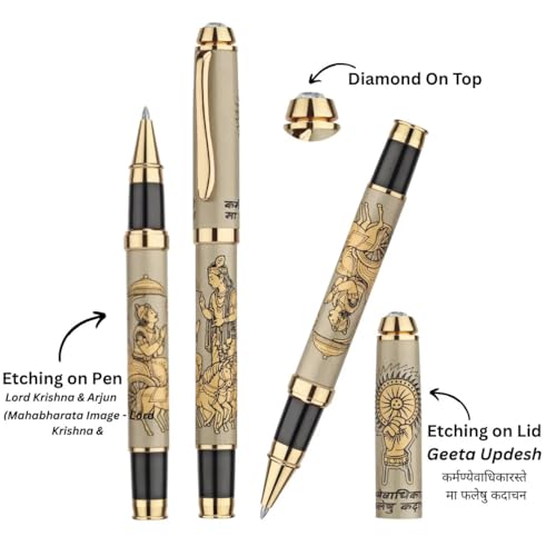 Image of Bhagavad Gita & Geeta Updesh Etched Pen | Lord Krishna Arjuna Engraved Metal Roller Ball Pen | Hindu Spiritual Gift, Corporate Gift & Return Gift