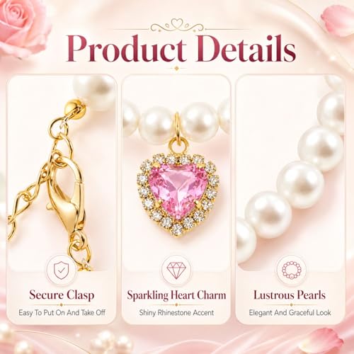 Image of BendJoy 2Pcs Adjustable Jewelry Cat Collar, Puppy Collar for Cats & Small Dogs Neck Belt with Rhinestone Heart Charm Pearl | Adjustable Fit | Rhinestone & Pearl Charm | Photography Prop
