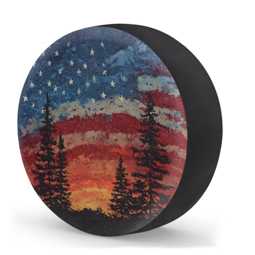 Image of Spare Tire Cover Forest Camping American Flag Wheel Covers Protectors Waterproof Dust-Proof Universal Fit Trailer, RV, SUV and Many Vehicle (14 inch for tire Diameter 25.59 inch-27.16 inch)