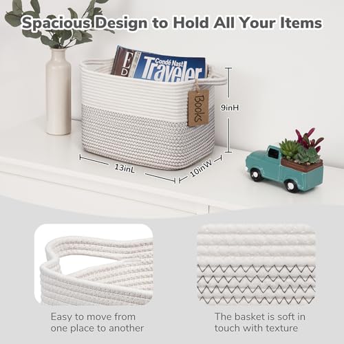 Image of Goodpick Woven Rope Storage Basket for Shelves, Rectangle, Mix White