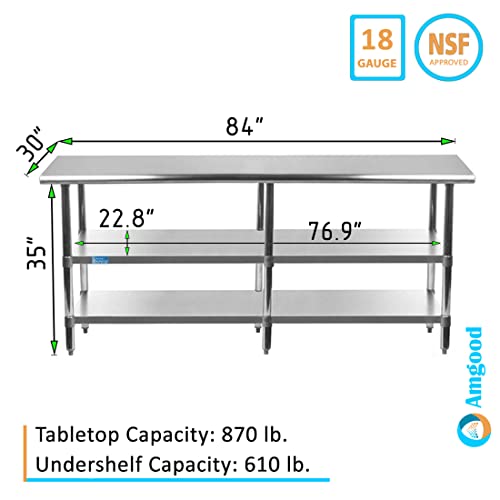 Image of AmGood Stainless Steel Work Table with 2 Shelves | NSF | Metal Utility Table (84 inch Long x 30 inch Deep)