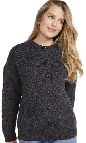 Aran Woollen Mills Women's Classic Merino Wool Buttoned Cardigan in Charcoal - Beautiful Ladies Cable Knit Sweater - X-Small