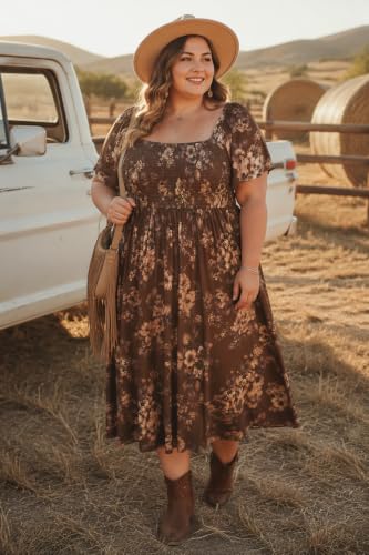 Image of RITERA Plus Size Dresses for Curvy Women Square Neck Short Sleeve Summer Floral Smocked Maxi Dress with Pocket XL-5XL