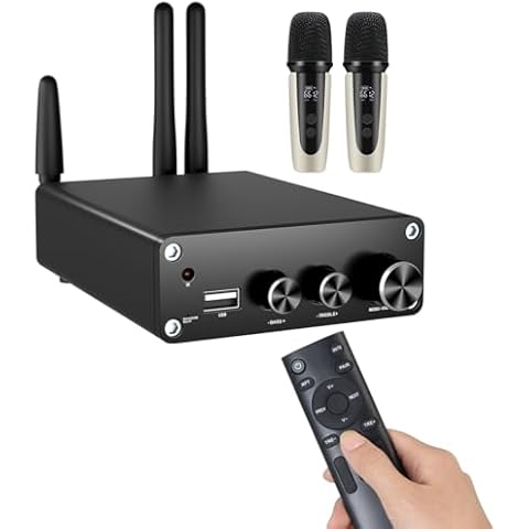 KIMIUP AC01M Hi-Fi Mini Stereo Audio Power Amplifier with Karaoke,TPA3116 Dual Channel,100W x 2,Bluetooth 5.3,24V 5A Power Supply,Remote,and Microphones (Amplifier + Remote + Power + Microphone x2) Cover