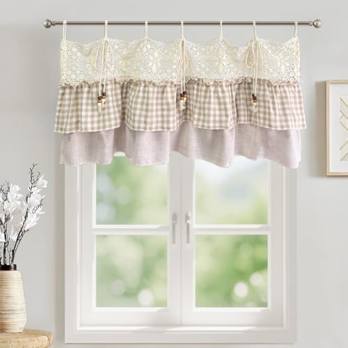 Gxi Tie Top Gingham Kitchen Curtain Check Ruffle Valance Rod Pocket Classic Vintage Beige Farmhouse Short Curtain Linen Valances for Small Windows, 1 Panel W39 x L20 inch