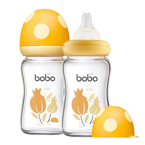 Image of YOHKOH Natural Glass Baby Bottle with Level 1 Slow Flow Nipple, Newborn Anti-Colic Baby Bottles, Wide Neck Mushroom Baby Glass Bottle (Yellow, (5.4oz (Pack of 2))