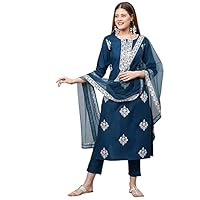 GoSriKi Women's Cotton Blend Straight Embroidered Kurta with Pant & Dupatta (Weekend Rama-New_XL-GO_Rama_X-Large)