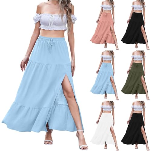 HGps8w Women's 2025 Summer Boho Linen Slit Flowy Maxi Skirt, Trendy Elastic Waist A Line Tiered Beach Long Skirts2