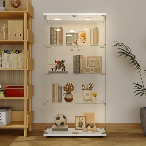 64.5" H 4-Shelf LED Lights Glass Display Cabinet with Double Door,Modern Curio Cabinet Collection Display Case,Floor Standing Bookshelf Glass Case with Lock for Living Room,Home Office (White)
