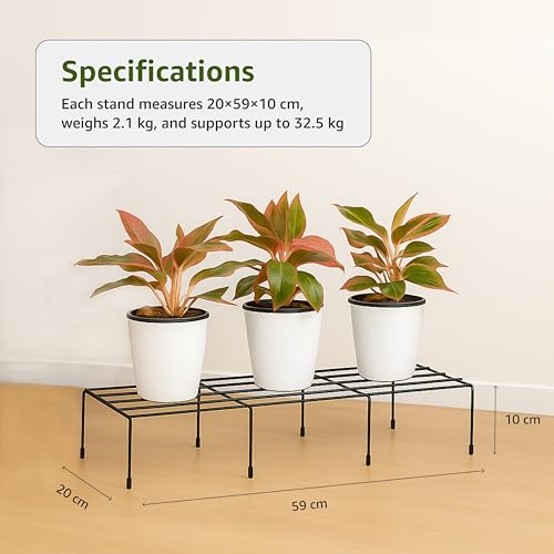 Image of Amazon Brand - Solimo Metal Plant Stand (Set of 4, Black) - Powder-Coated Iron, Heavy-Duty, Corrosion-Resistant, Indoor & Outdoor Use, 20x58x12 cm, Holds up to 32.5 kg