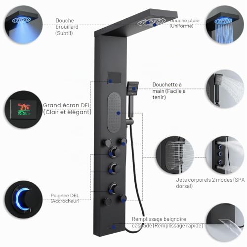 Panneau de douche anti-brûlure avec indicateur LED et 6 jets de massage - 7