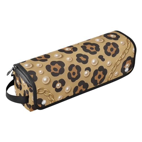 Bolsa de viaje para herramientas de cabello y tapete resistente al calor para planchas, rizadores y secadores de cabello, color champán dorado con diseño leopardo perla.