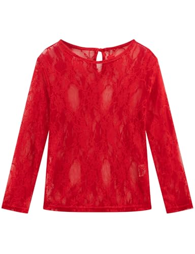 Noomelfish Girls Lace Long Sleeve Layering Tops Sheer Mesh Tee Shirts Blouse, Flower Red, Size 7-8 Years