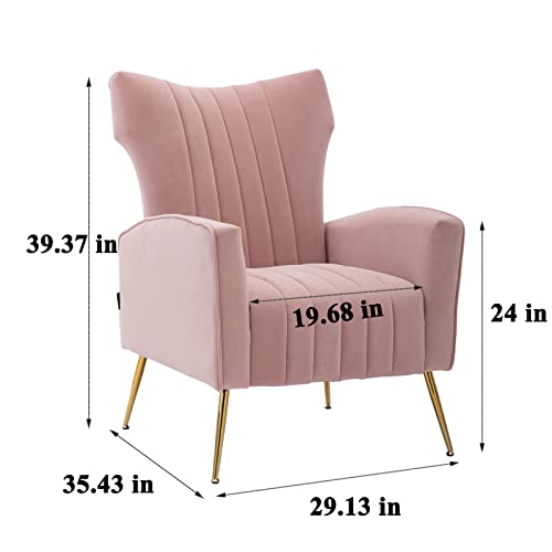 Artechworks Curved Tufted Accent Chair With Metal Gold Legs Velvet Upholstered Arm Club Leisure Modern Chair For Living Room Bedroom Patio, Pink #TOP1