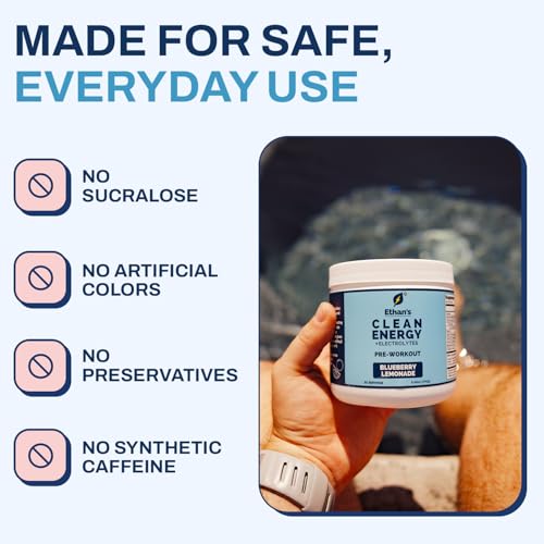 Image of Ethan's Feel Good Pre-Workout & Hydration Drink Mix, 200mg Plant-Based Caffeine, Electrolytes & Adaptogens, Vegan Organic - Blueberry Lemonade, 30 Servings