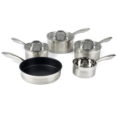Salter Timeless 5 Piece Pan Set - Induction Hob Cooking Pots, Stainless Steel Cookware, 16, 18, 20 cm Saucepans, Milk Pan & 24cm Frying Pan, Includes Tempered Glass Lids, Easy Grip Handles