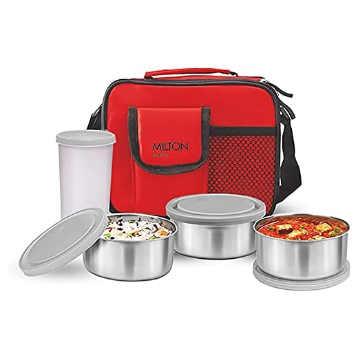 Milton Steel Combi Lunch Box with Tumbler, 4-Pieces, Red