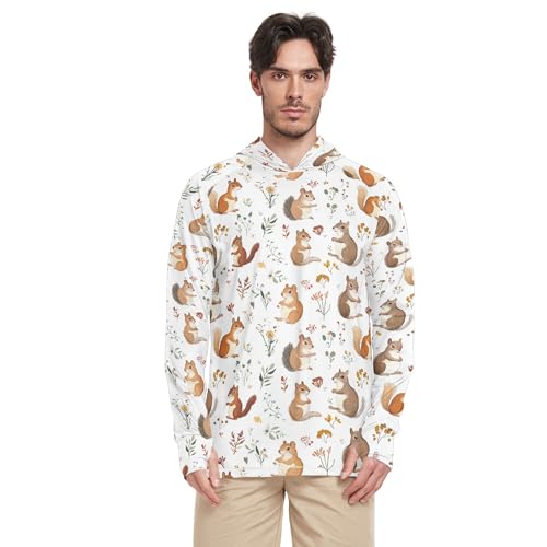 Funny Squirrel White Men's Sun Shirts Hoodies Long Sleeve Rash Guard Shirts UPF 50+ Sport Shirt S