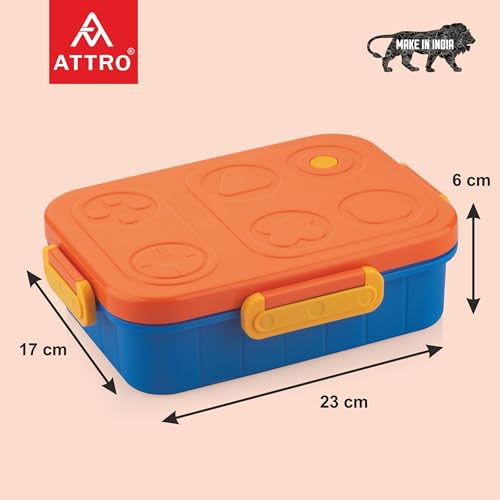 Image of ATTRO TicTac Plastic Lunch Box - 3 Compartment Bento Tiffin, Leak-Proof & Durable, Ideal for Kids, School, Picnic- 1200ml+80ml, Orange Blue