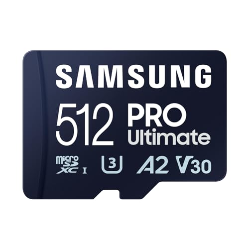 Samsung PRO Ultimate microSD memory card, 512 GB, UHS-I U3, 200 MB/s read, 130 MB/s write, Includes USB card reader, For smartphone, drone or action cam