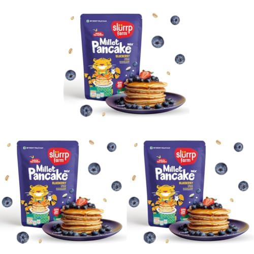 Image of Slurrp Farm No Maida Pancake Mix | Instant Breakfast Mix made with Oats and Jowar | 100% Vegetarian Eggless Healthy Breakfast for Kids & Adults | With Real Blueberries- 150g (Pack of 3)