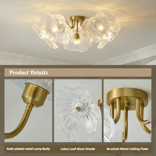 Flower Glass 5 Lights Ceiling Light - Gold Vintage Mid Century Chandelier by LAZORO - Used condition - Image 4
