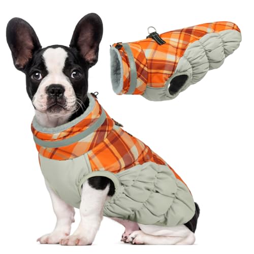 Image of Lelepet Warm Dog Winter Coat Dog Coats for Small Dogs Jacket with Harness | Reflective Cold Weather Coats Windproof Zip-Up Winter Fleece Vest Padded Pet Snowsuit Yorkie Shih-tzu Orange Plaid S
