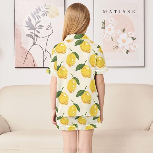 ALAZA Yellow Lemon Leaf Satin Pajamas Set Short Sleeve Button Down Sleepwear Summer Pjs 2 Piece4