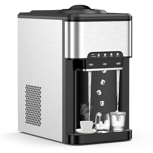 GOPLUS 3-in-1-Wasserspender mit Eiswürfel, heißes & kaltes Wasser, integrierter Eisbereiter mit Abluftventilator & Kompressor, Desktop-Wasserspender 19kg/Tag für Büro, Fitnessstudio & Café