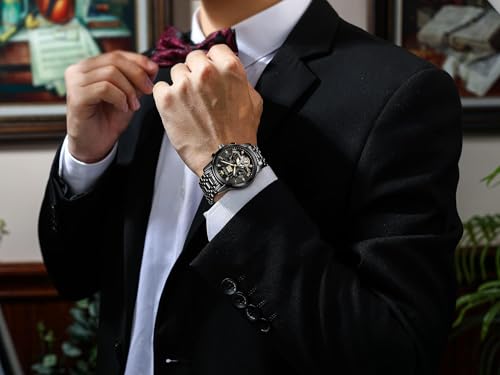 Image of OLEVS Self Winding Watches for Men Automatic Mechanical Skeleton Luxury Dress Waterproof Moon Phase Tourbillon Chronograph Stainless Steel Luminous Wristwatch