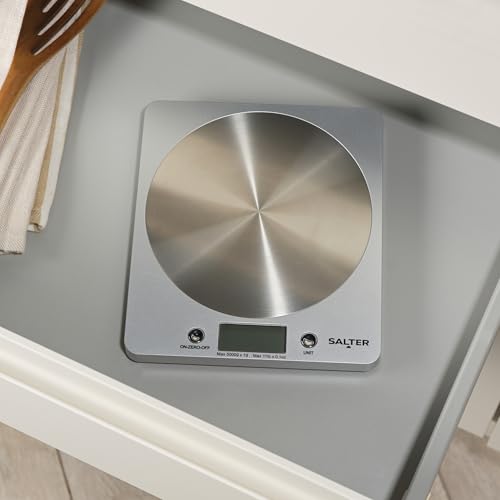 Salter 1036 SVSSDR bilancia da cucina digitale, elegante design sottile, cucina/casa, piattaforma in acciaio inox filata, Aggiungi e pesata, misura liquidi/fluidi, capacità massima 5KG argento