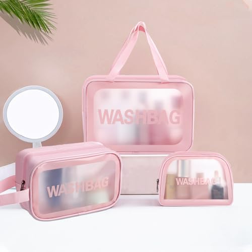 Clear Travel Toiletry Bags Set - 4 Waterproof Makeup Bags (Pink) - Image 5