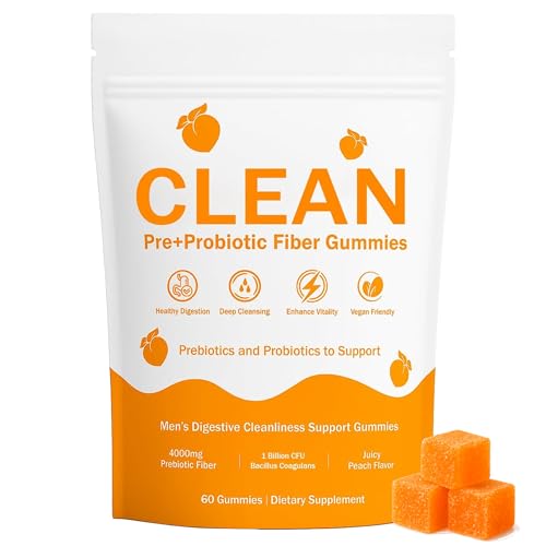 NEWUREHO Clean Prebiotic Fiber Gummies for Men - Peach Flavor Pre+Probiotic Fiber Gummies Gut Balance Digestive Support & Daily Clean Confidence Cleaning Support Gummy 60Gummies