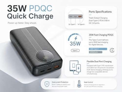 Image of Nextech Astro 20000mAh 35W PD Fast Charging Power Bank, Type-C Input & Output, Dual Output with Digital Display, Portable Laptop & Mobile Charger for iPhone, Android, Tablets & MacBook, Black