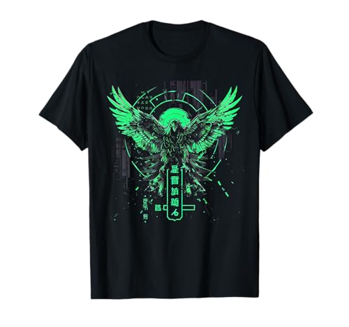 Minimalista Cyberpunk Fantasía Águila Arcano Verde Arte Japonés Camiseta