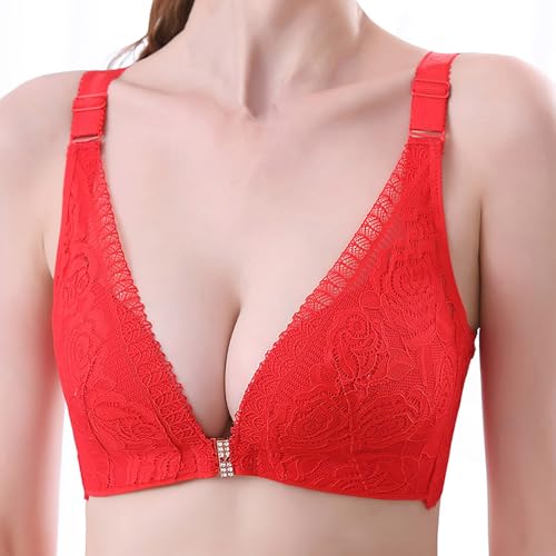 Genérico Camiseta de tirantes de tul con cierre frontal para mujer, sujetador sin armadura, encaje, rojo, 95C