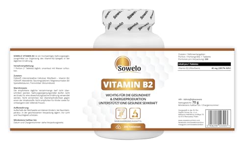 Vitamin B2 40 mg – Hochdosiert – 200 Tabletten – Unterstützt Energiestoffwechsel, Nervensystem, Müdigkeitsreduktion & Sehkraft – Reine Formel, EU-Herstellung – Sowelo