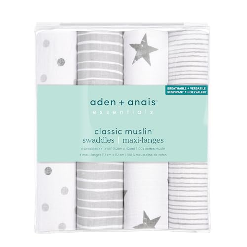 Image of Aden by aden + anais Baby Muslin Swaddle Blanket, 100% Cotton Muslin, Large 44 X 44 inch,4-Pack, Dusty - Stars